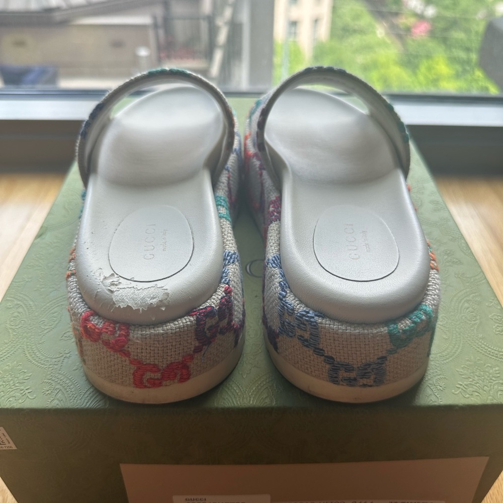 Gucci Multi Colored Monogram Platform Slides Sz 37 - image 4